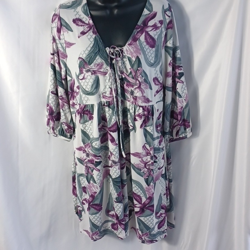 Simply Aster Floral Gray purple white Dress Large, stretchy comfy
